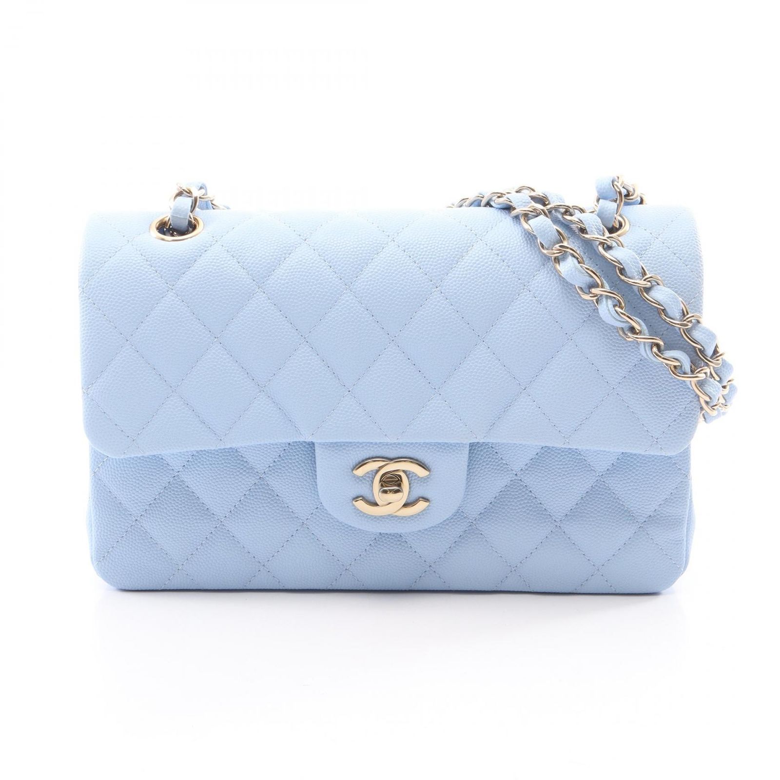 シャネル CHANEL ショルダーバッグ マトラッセ Wフラップ ライトブルー キャビアスキン(グレインドカーフ) マトラッセ ダブルフラップ チェーンショルダー