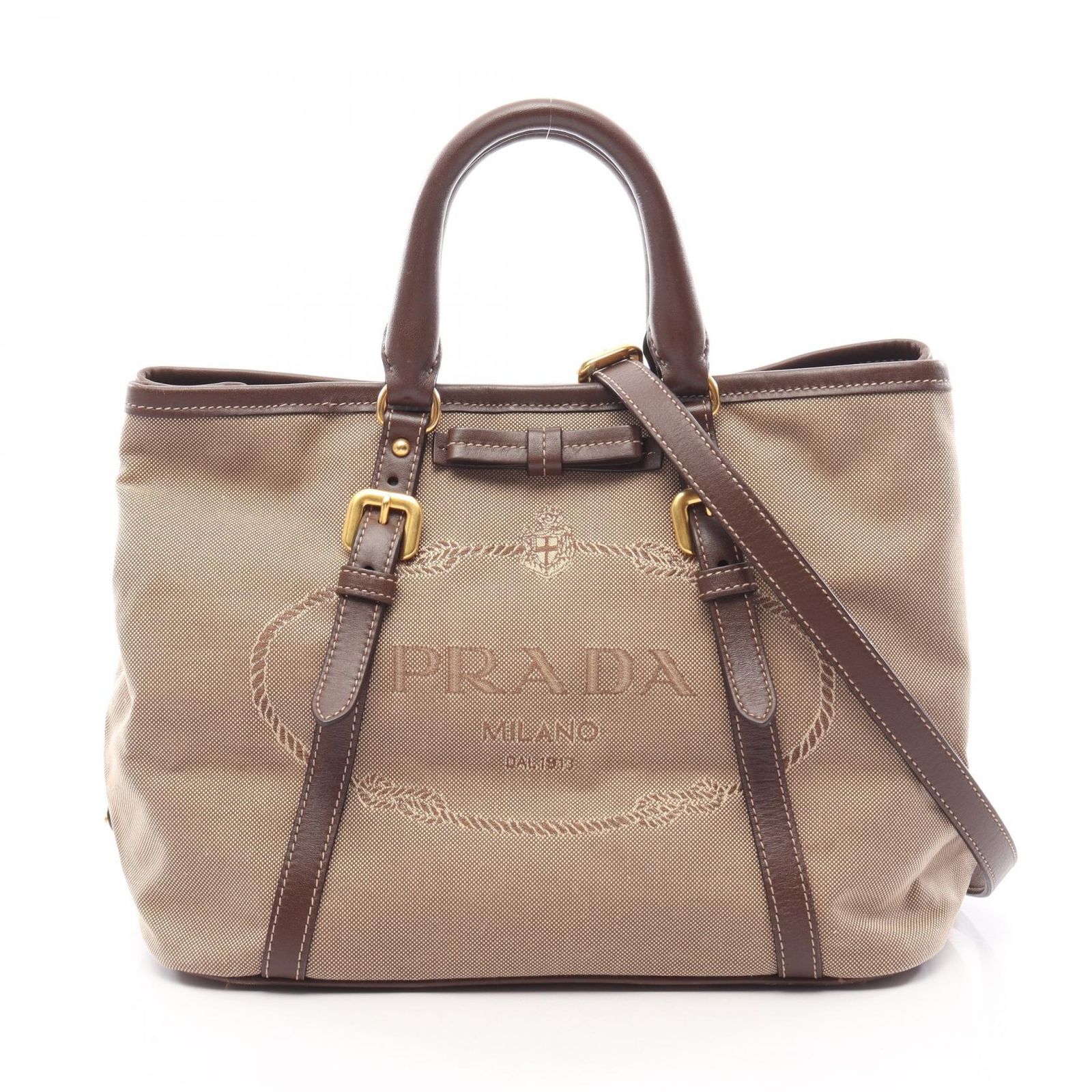 プラダ PRADA トートバッグ LOGO JACQUARD ロゴジャガード 2WAY ベージュ/ブラウン キャンバス レザー ロゴ ジャガード リボンモチーフ 2way トートバッグ レディース