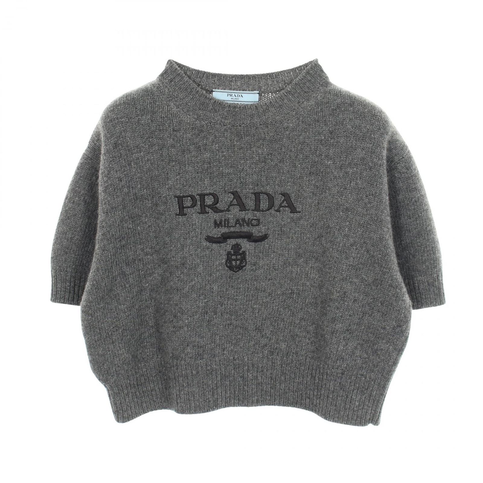 プラダ PRADA ニット ロゴ刺繍 半袖 ショート丈 P24Z1U グレー ウール カシミヤ ロゴニットショートヌ レディース Used A