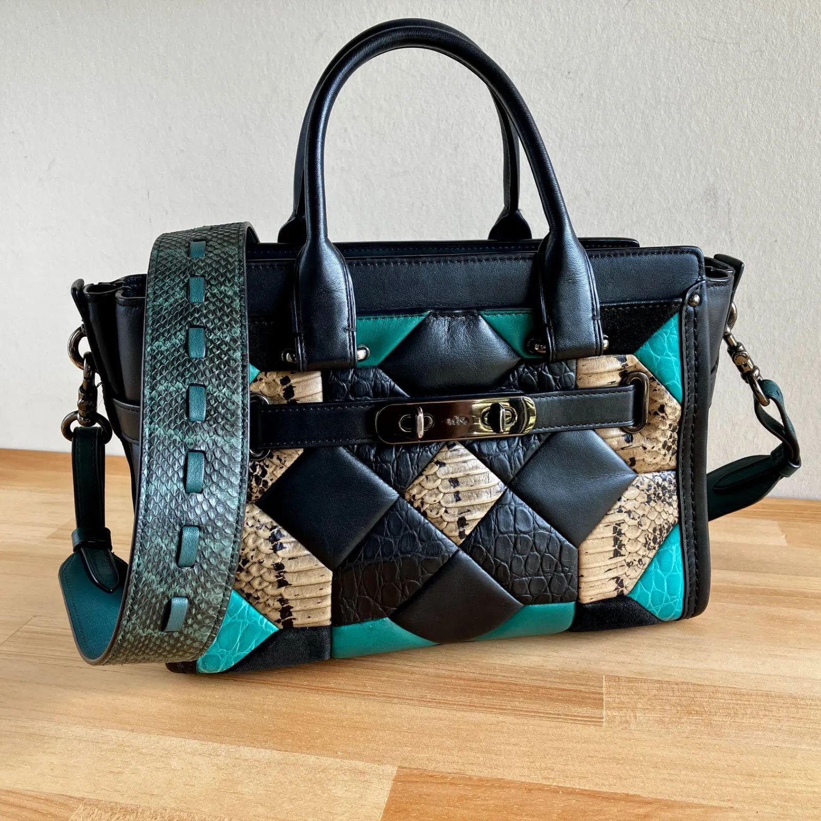 Coach 1941 Swagger 27 Patchwork Exotic Snakeskin Satchel Black Turquoise Rare