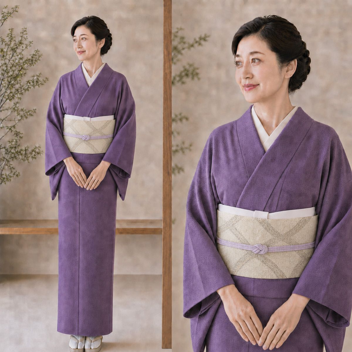 【三越 誂品】色無地 紫 紋意匠 正絹 袷 染め一つ紋 丸に梅鉢紋 身丈：約153.5cm 裄：約65cm
