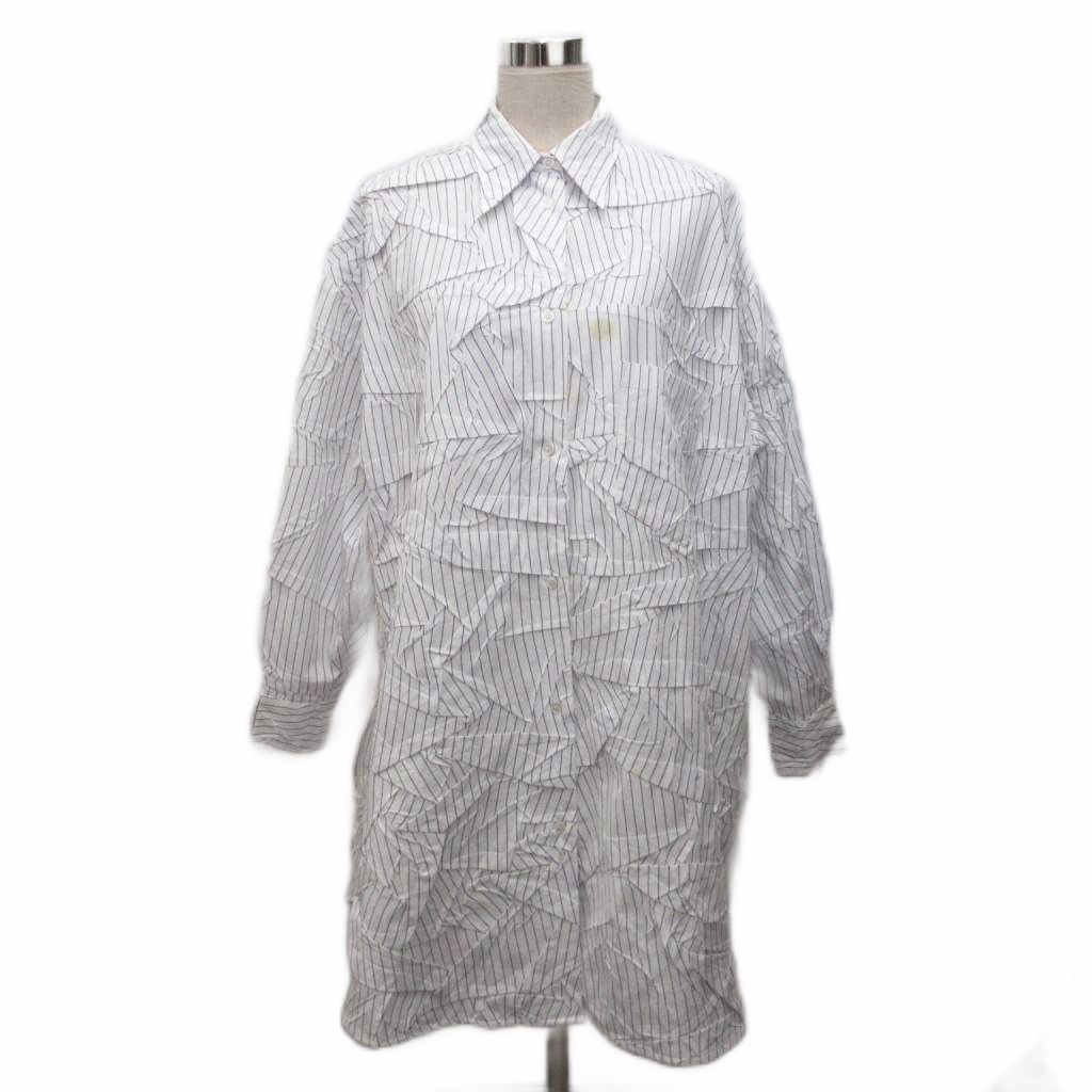 エムエムシックス メゾンマルジェラ MM6 Maison Margiela 20AW Crushed Poplin Shirt Dress シャツワンピース ドレス ミモレ ロング 長袖 ストライプ柄 XS 白 ホワイト 青 ブルー S32CU0141