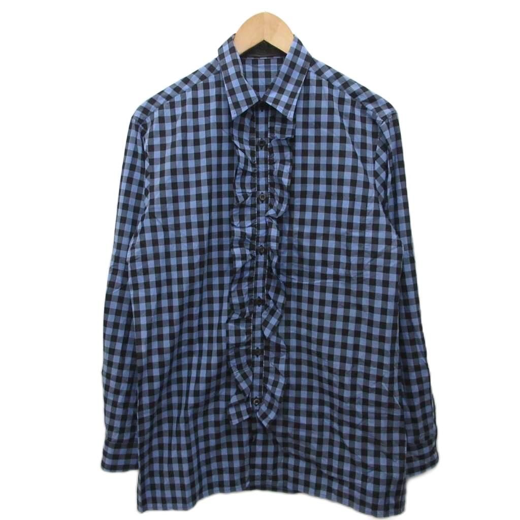 プラダ PRADA 2013 フリルシャツ 長袖 チェック柄 コットン 38 青 ブルー 黒 ブラック ACU1 2013 1697 ■IBO101