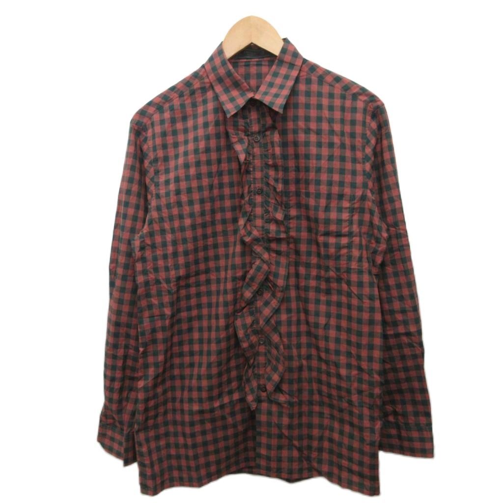 プラダ PRADA 2013 フリルシャツ 長袖 チェック柄 コットン 38 ダークグレー 赤 レッド UCM913 ■IBO101 10,877円