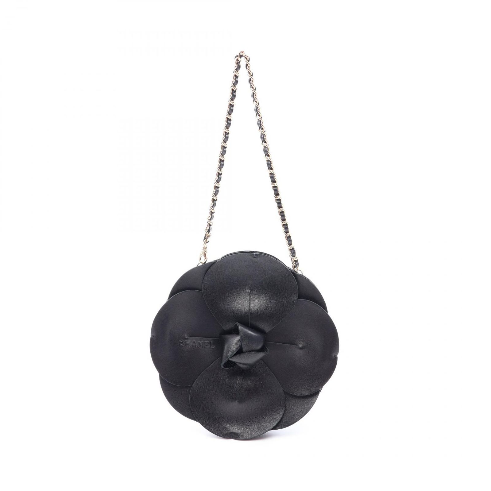 シャネル CHANEL ハンドバッグ カメリア ブラック ラムスキン（羊革） ファブリック カメリア チェーンバッグ レディース Used A