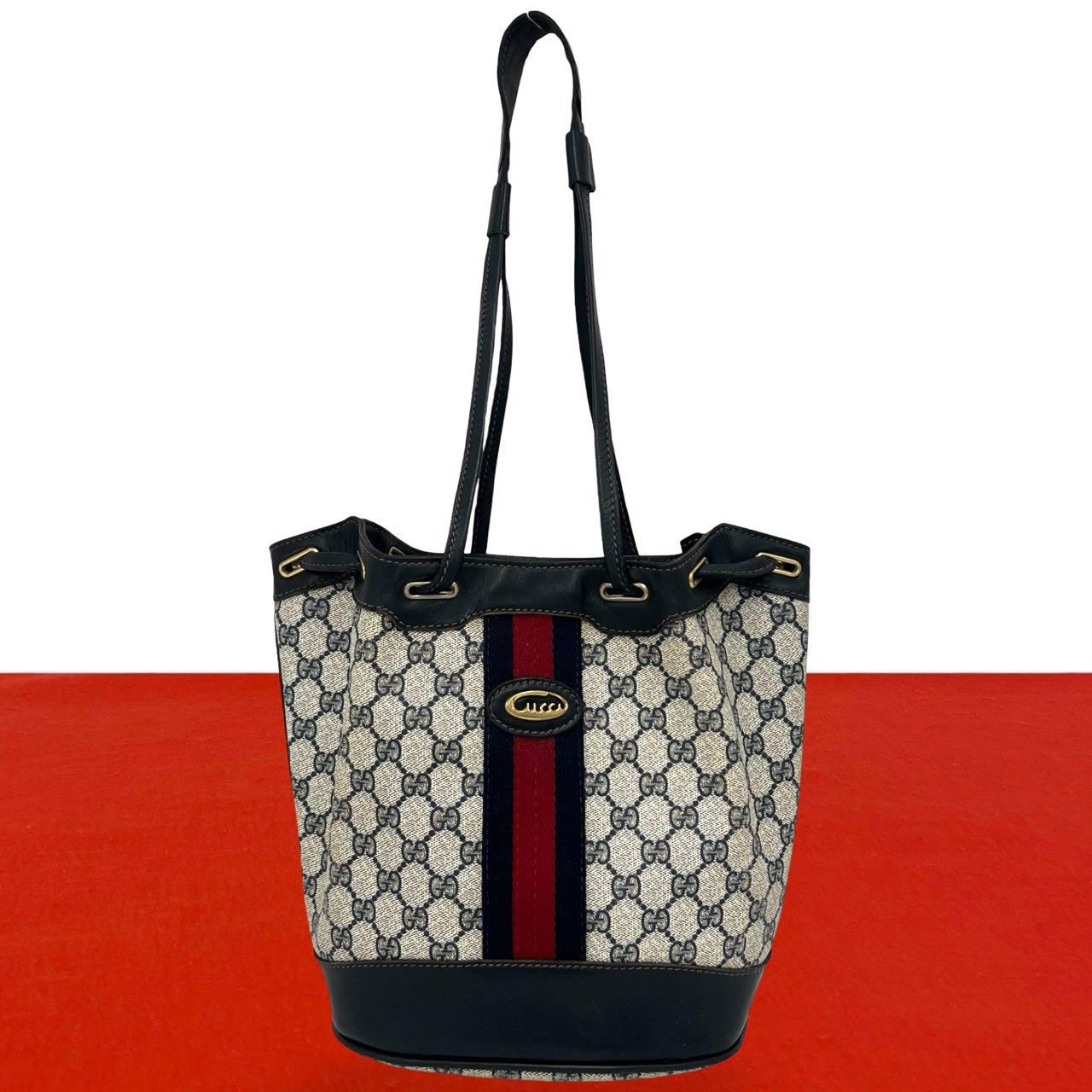 極 美品 GUCCI グッチ オールドグッチ ヴィンテージ シェリーライン ロゴ 金具 レザー セミ ショルダーバッグ トートバッグ ネイビー 62372