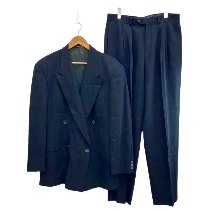 ジョルジオアルマーニ GIORGIO ARMANI スーツ セットアップ 上下 テーラードジャケット ウール ダブル 4B 総裏地 肩パッド パンツ スラックス ストライプ 50 L-XL 紺 ネイビー /KK ■GY50 22,557円
