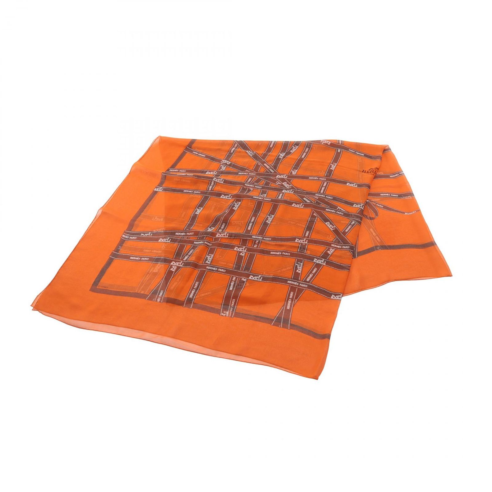 エルメス HERMES スカーフ カレジェアン カレ140 シルクモスリン Bolduc オレンジ シルク リボン柄スカーフ レディース Used A