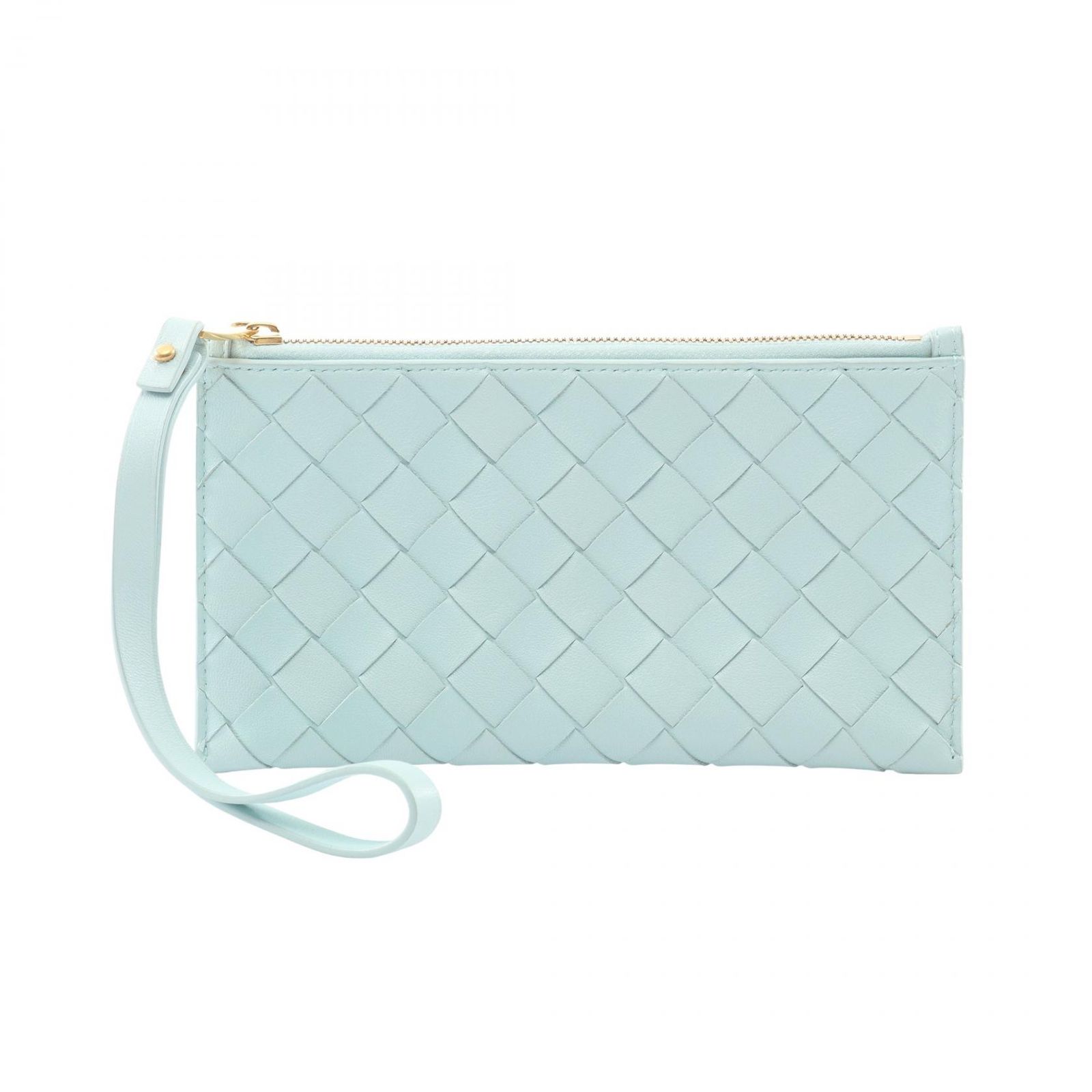 ボッテガヴェネタ BOTTEGA VENETA ポーチ イントレチャート ハンドストラップ付き ライトブルー レザー イントレチャート ポーチ レディース Used A
