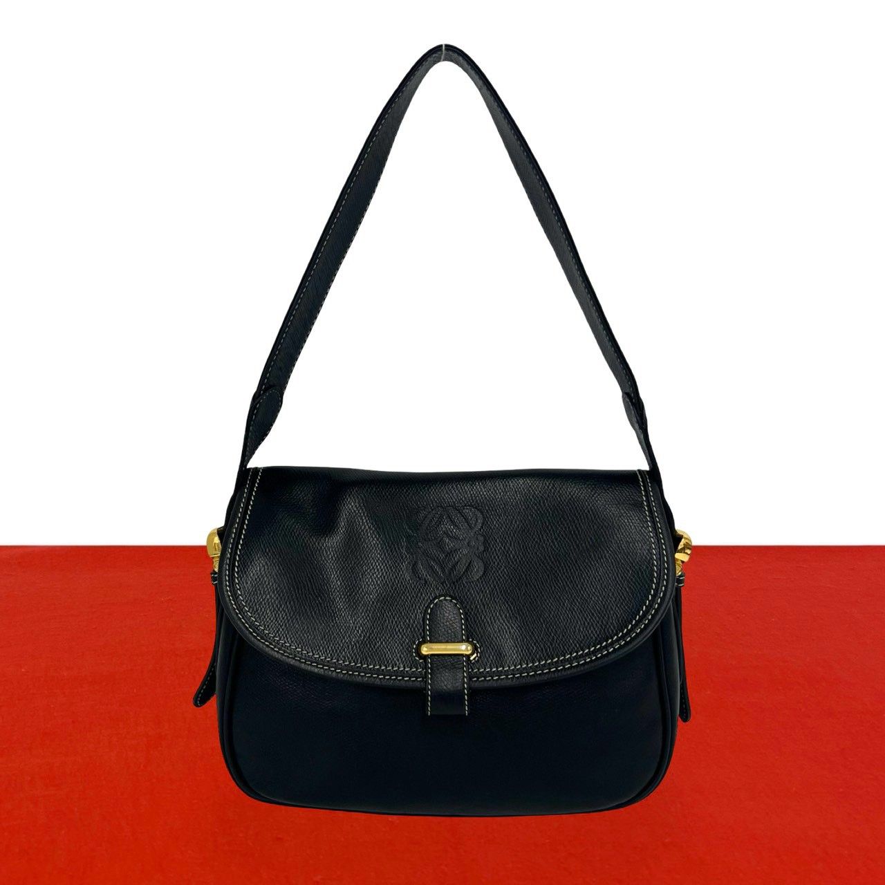 極 美品 LOEWE ロエベ ヴィンテージ アナグラム ロゴ レザー 本革 セミ ワン ショルダーバッグ ハンドバッグ ブラック 黒 03651