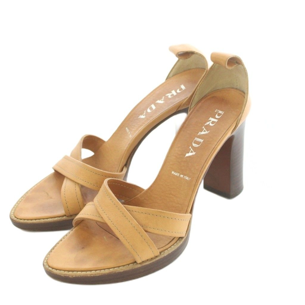 プラダ PRADA サンダル チャンキーヒール レザー 38.5 25.0-25.5cm ベージュ /MI ■GY53