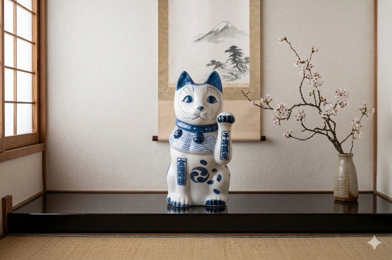 縁起物 招き猫 置物 瀬戸焼 染付 陶器 招福 開運 商売繁盛 千客万来 金