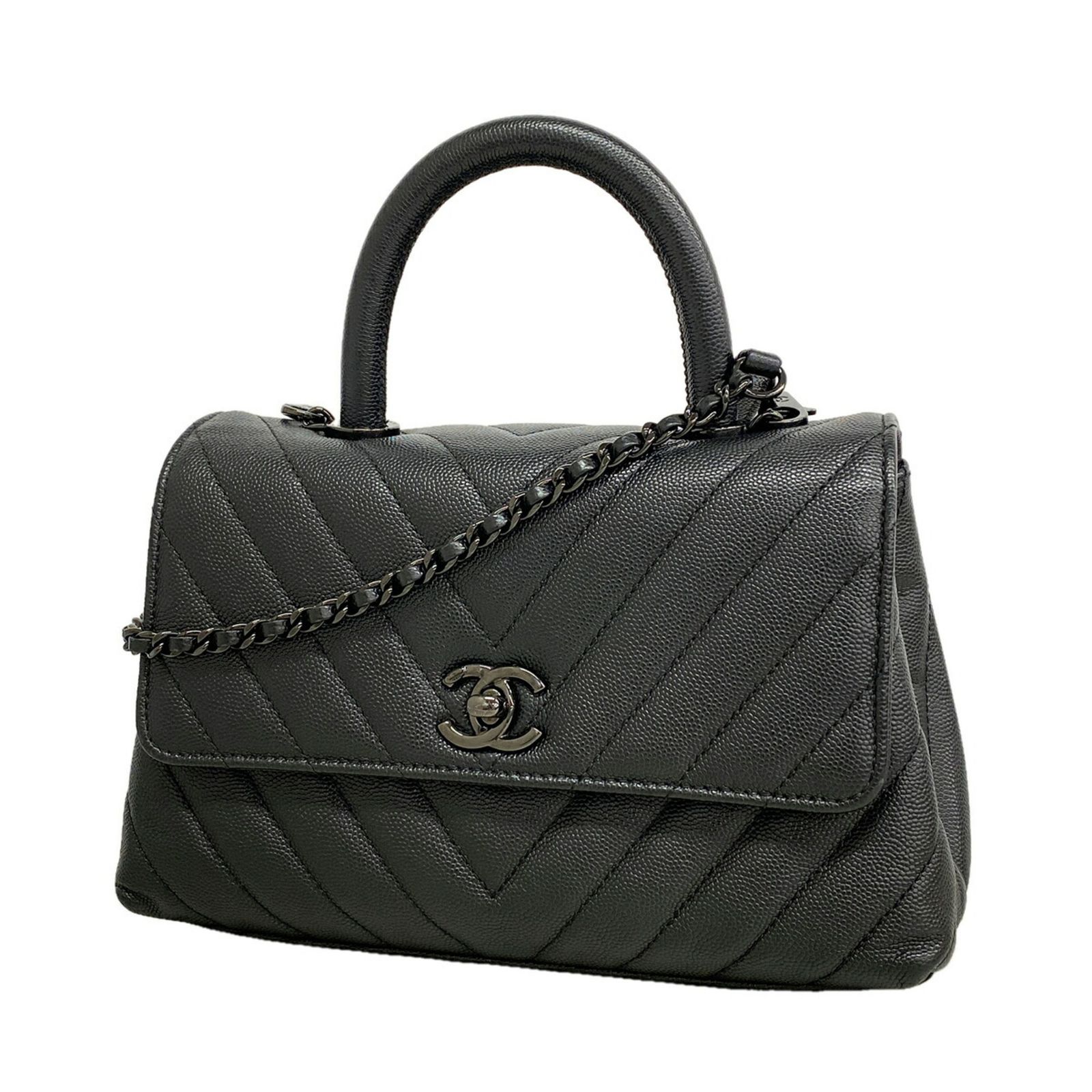 シャネル(Chanel) シャネル ハンドバッグ チェーンショルダー シェブロン ココハンドル キャビアスキン ブラックレディース