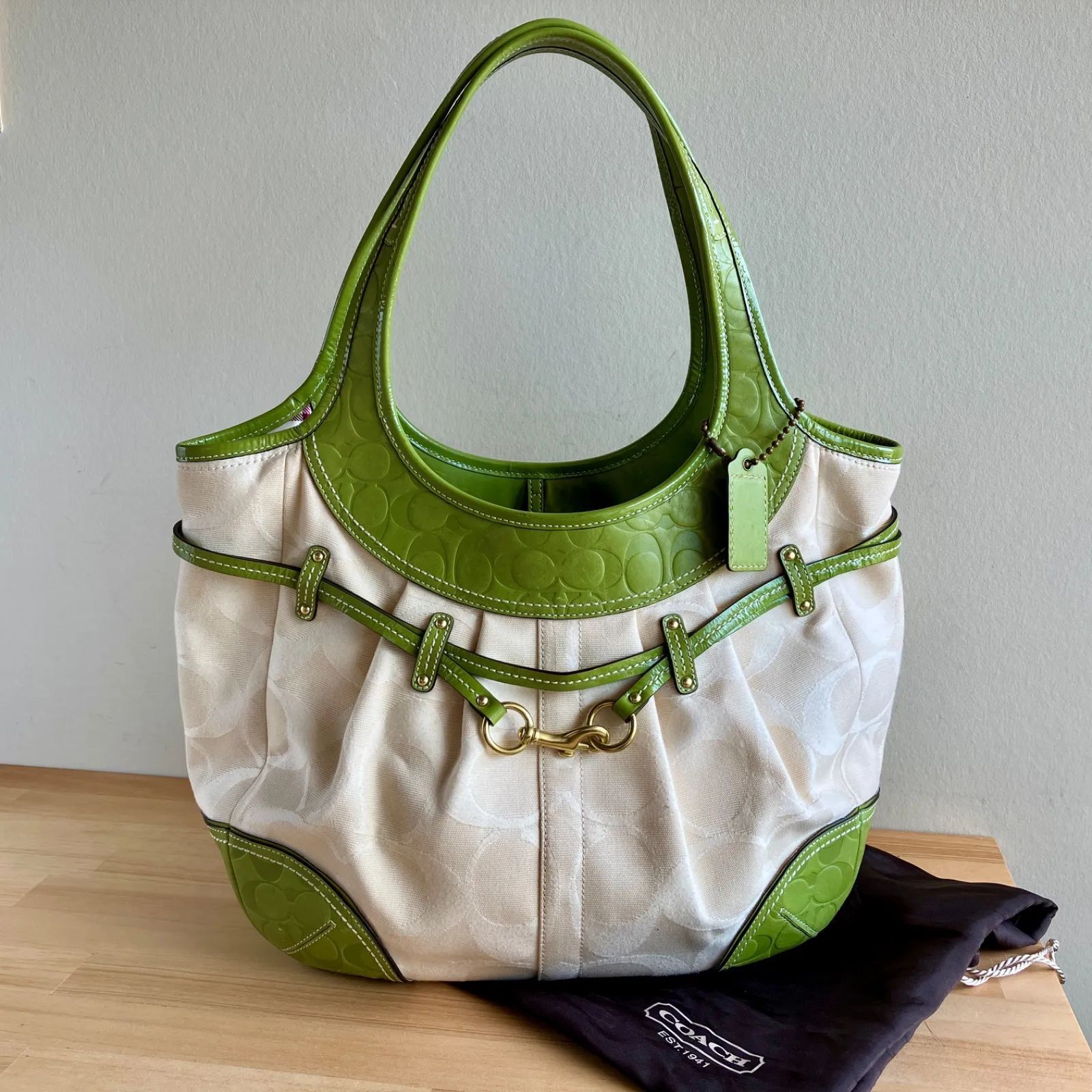 Rare Vintage Coach Signature Pleated Tote Shoulder Bag Cream Lime 