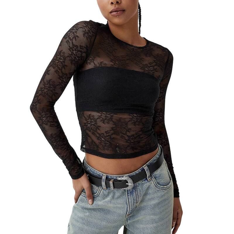 【送料無料】 クリアフラワー レディース シャツ トップス Womens Asymmetrical Draped Neck Sheer Lace Long Sleeve Crop Top Soft S
