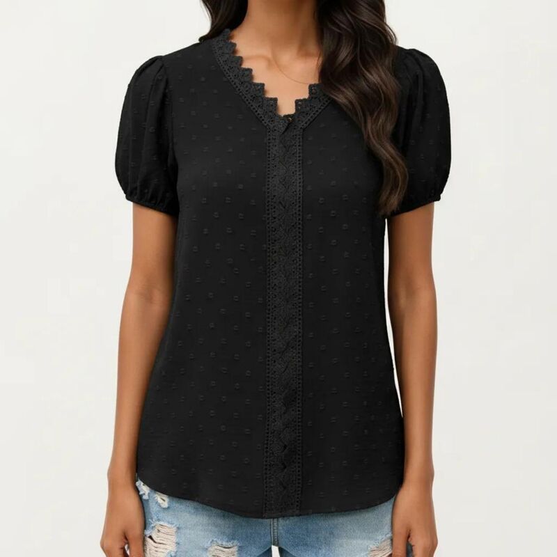 【送料無料】 アンナカシ レディース シャツ トップス Womens Short Sleeve Swiss Dot Top with Lace Trim VNeck and Puff Sleeves 10,991円