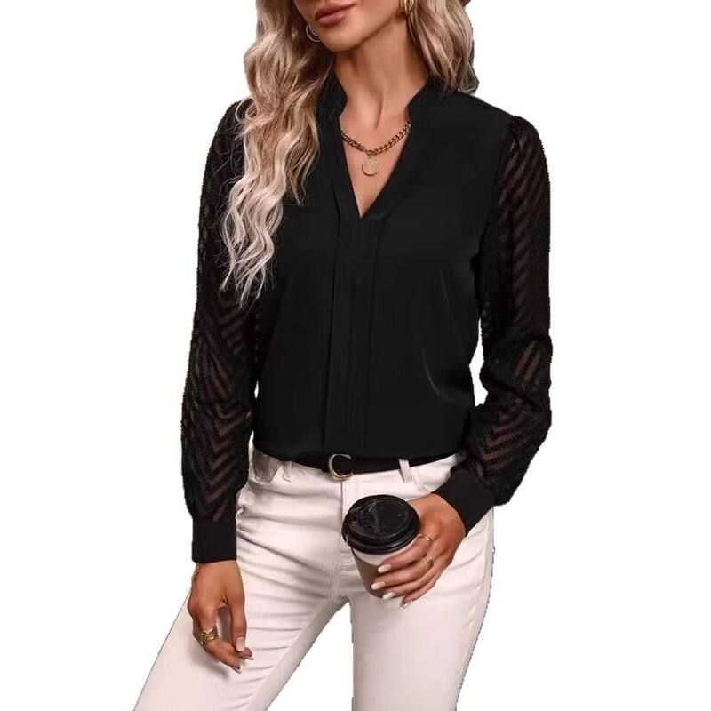 【送料無料】 クリアフラワー レディース シャツ トップス Womens VNeck Sheer Sleeve Blouse Long Sleeve Chevron Lace Work Casual