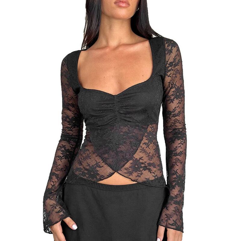 【送料無料】 クリアフラワー レディース シャツ トップス Womens Sheer Floral Lace Long Sleeve Top Sweetheart Neck Ruched Mesh P