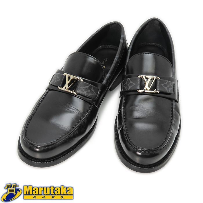 【ルイヴィトン メジャー ローファー】5 1/2 約25cm レザー モノグラム エクリプス ブラック LV金具 シューズ メンズ LOUIS VUITTON 中古 逸品質屋 丸高 甲子園店 人気 ブランド 高級 26k246-4