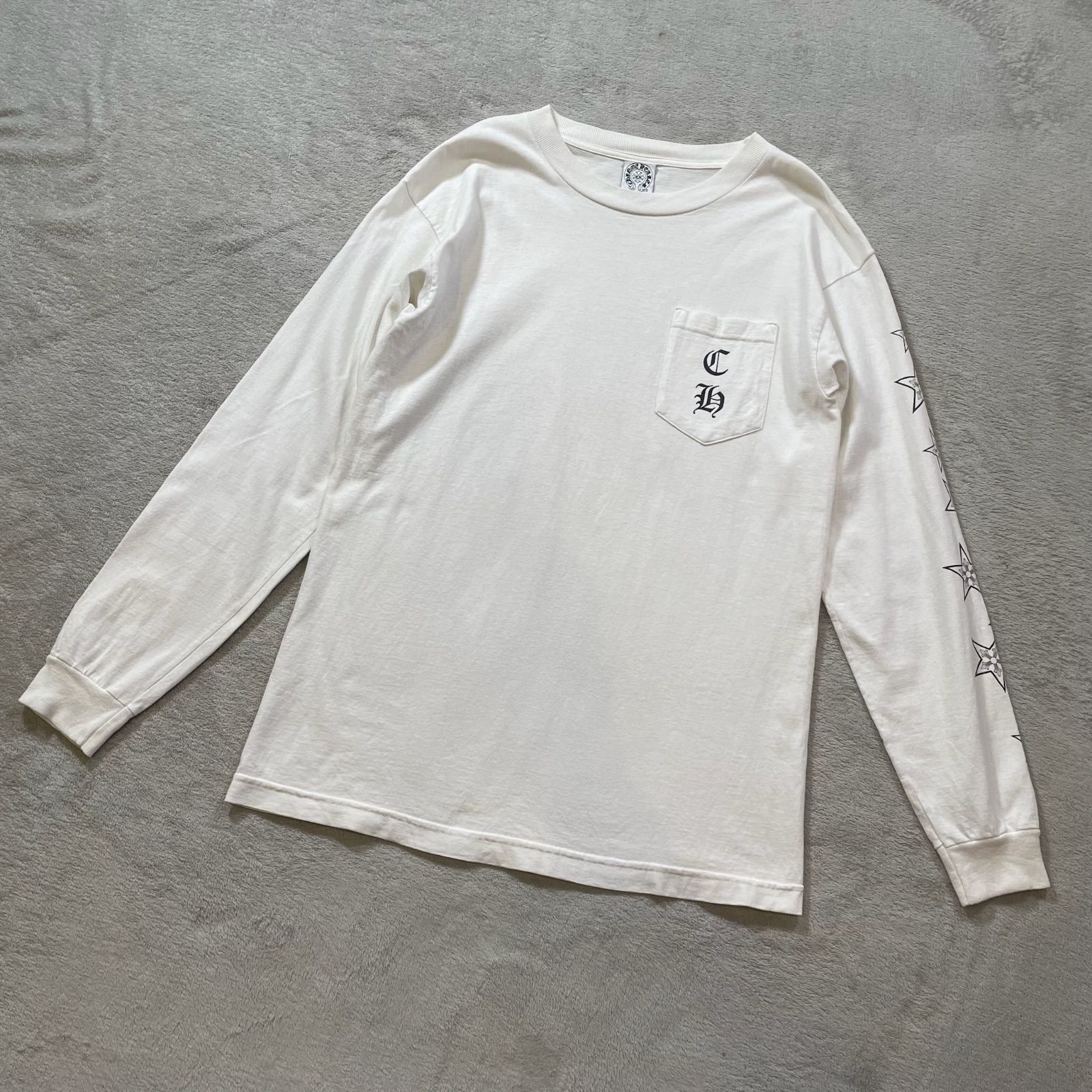 美品　CHROME HEARTS クロムハーツ ロンT 長袖 Tシャツ カットソー ポケットT スター ホースシュー 白 ホワイト M USA製 100% COTTON ポケットロゴ アームプリント バックプリント クロス サークルロゴ 正規品 18887