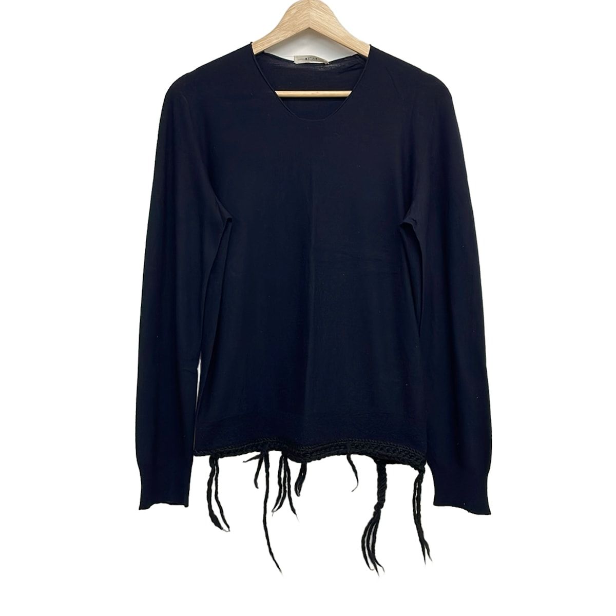 CELINE(セリーヌ) 長袖セーター サイズM レディース 2 3BH0/6360 ダークネイビー×黒 Vネック/フリンジ/編み込み/フィービー期