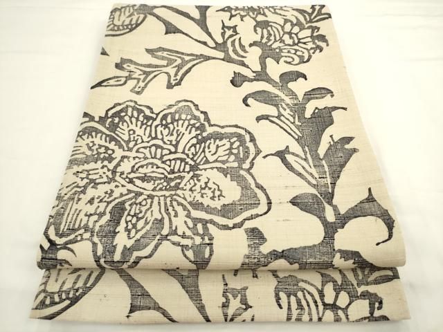 平和屋着物●六通柄袋帯　紬地　型染め　草花文　正絹　逸品　AABL2301pf