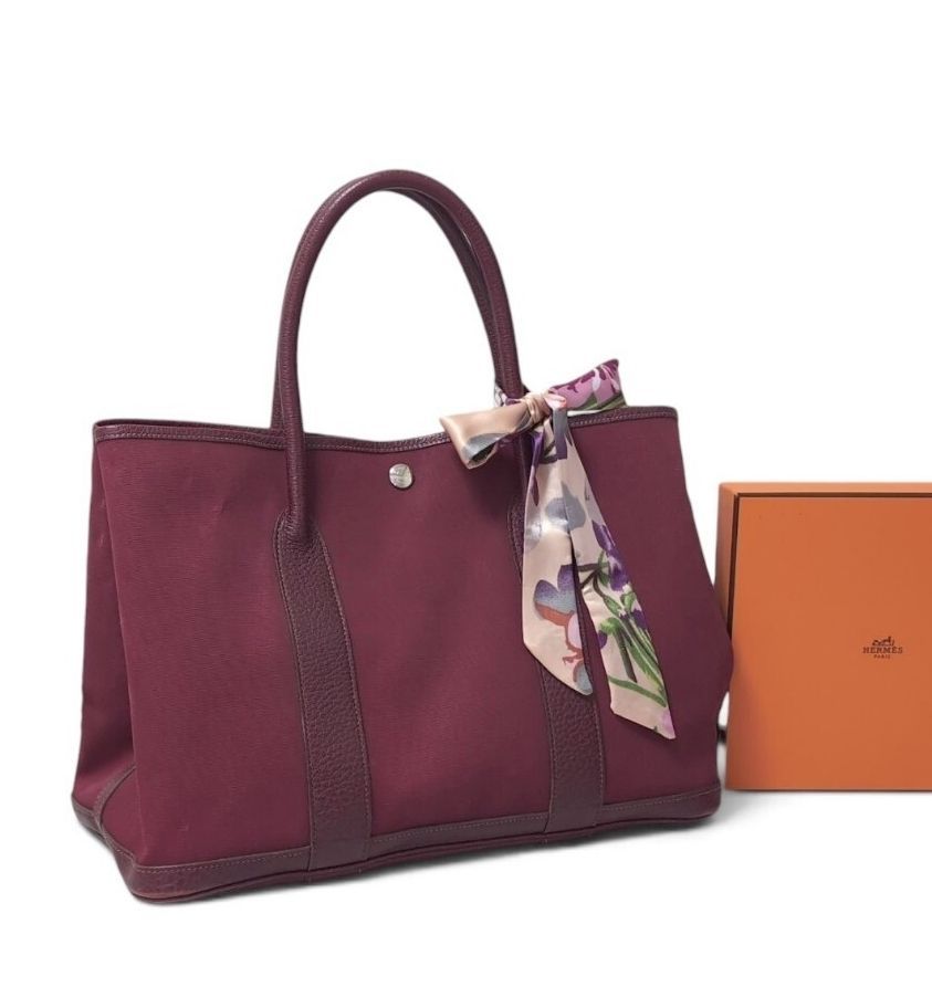 HERMES エルメス ガーデンパーティPM トートバッグ ボルドー系 レッド　キャンバス×レザートワルアッシュ I刻印 シルバー金具 鑑定済　Garden Party PM　Tote　Bag Hand Bag 58,190円
