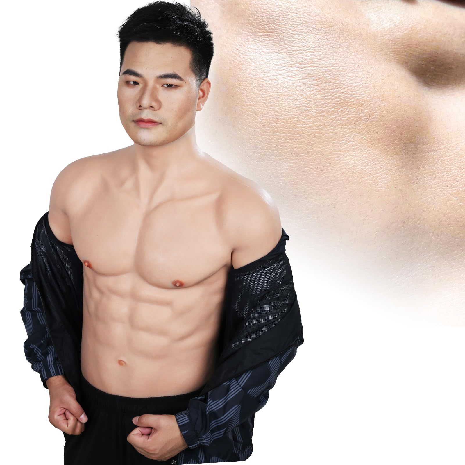 [KUMIHO] リアルバージョン シリコン筋肉スーツ 即席マッチョ 盛れ筋 偽腹筋 体型隠し ぽっこりお腹カバー ハロウィン仮装グッズ コスプレ 男装女子 イケメン変身グッズ 新版アップグレード 半身タイプ 【Sサイズ-ファスナー付き】【アジア系黄色】