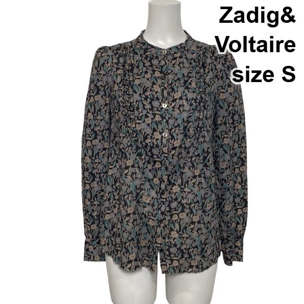 ◆ ザディグエヴォルテール Zadig&Voltaire バンドカラーブラウス シャツ 長袖 花柄 フリル マルチカラー 綿100 S 7号 レディース S6I963
