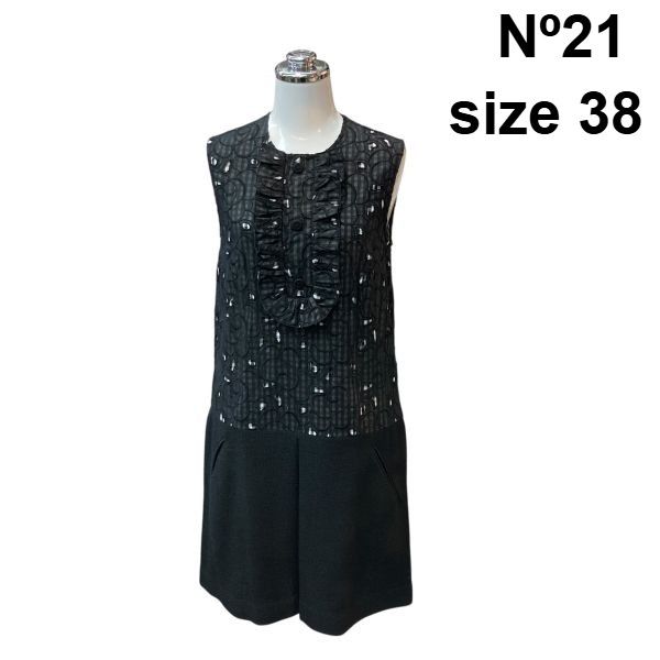 □ ヌメロヴェントゥーノ N°21 ドッキングワンピース ノースリーブ ミニ丈 台形 刺繍 フリル チェック 黒 白 綿混 38 M レディース Z6D346