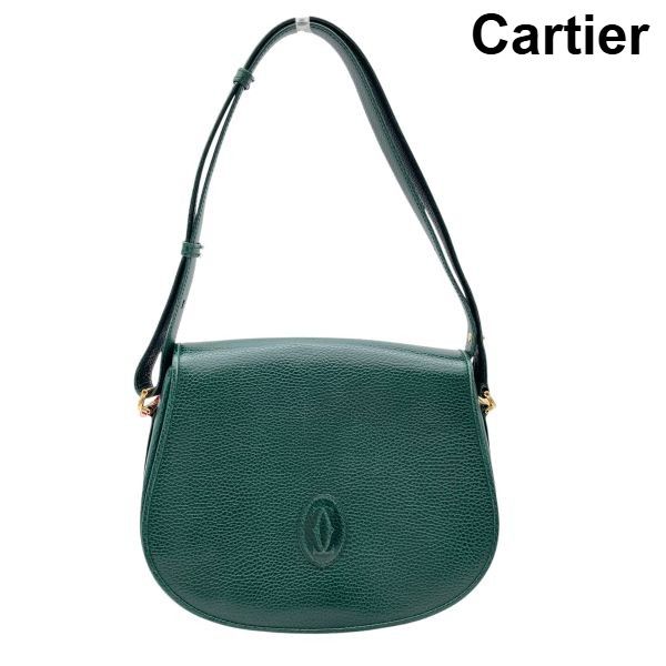 ● カルティエ Cartier マストライン ショルダーバッグ 鞄 ヴィンテージ グリーン レザー 6W033