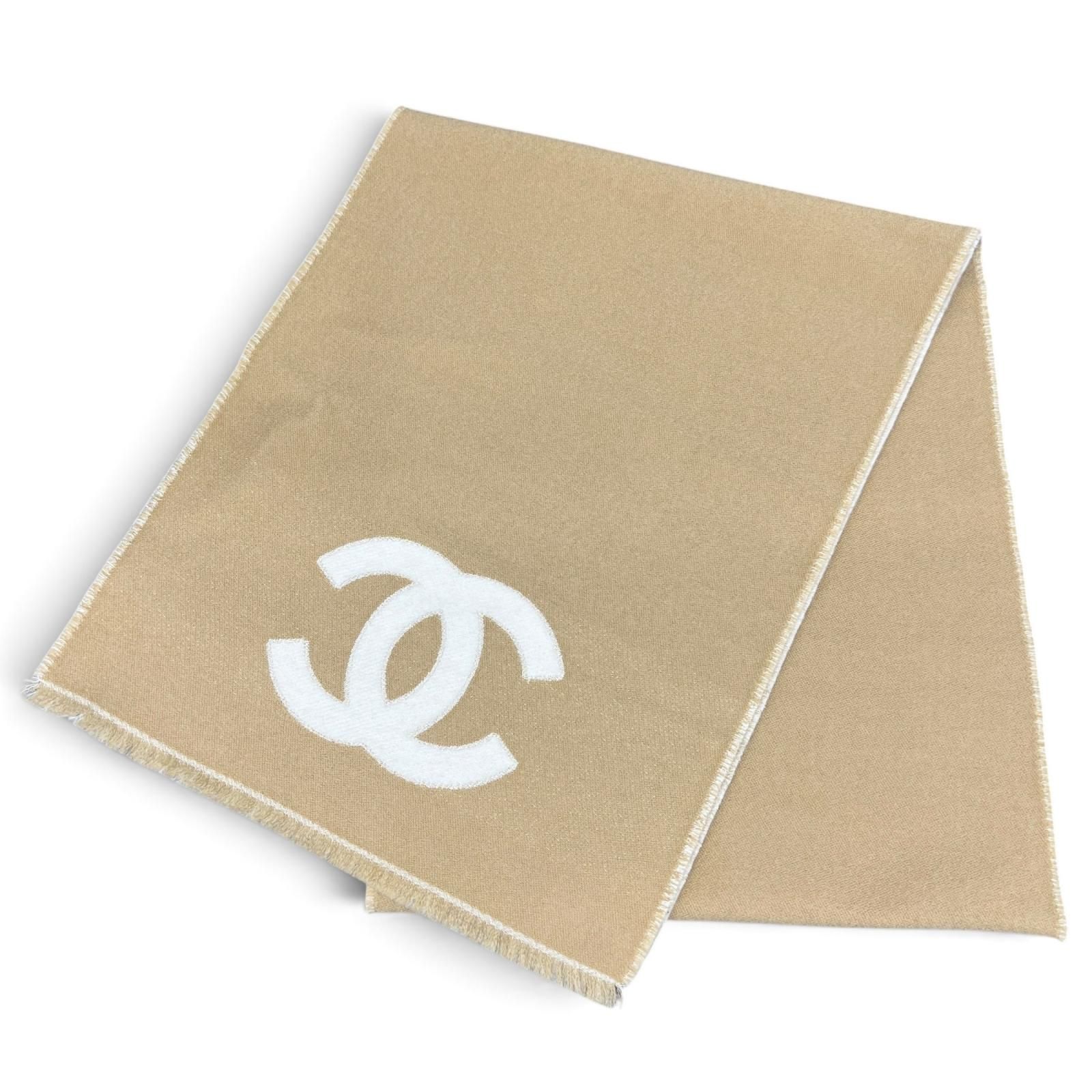 CHANEL 希少 極美品 シャネル CCロゴ ココマーク マフラー ウール ポリエステル シルク キャメル アイボリー 箱付属 ギフト プレゼント Aランク 鑑定済 中古 シャネルマフラー