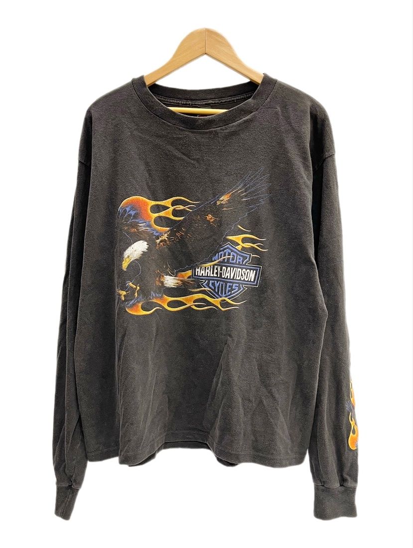 ハーレーダビッドソン Harley-Davidson 90s 90's USA製 FLAME EAGLE イーグルプリント 袖フレイム 両面プリント ブラックフェード ヴィンテージ 黒 XL ロンT ブラック 101MT-6692