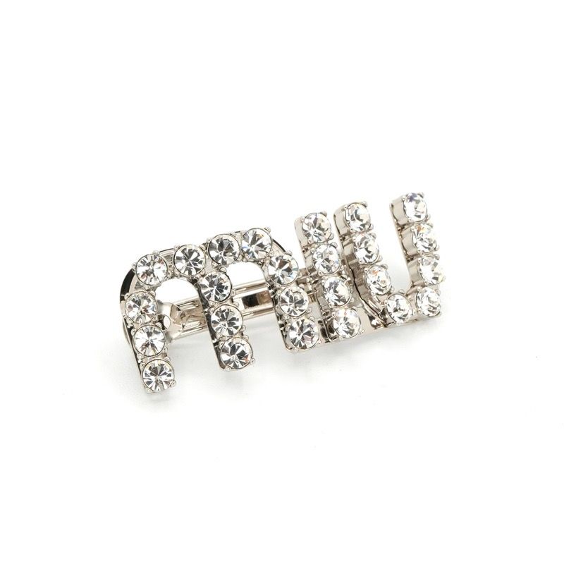 ミュウミュウ MIUMIU ヘアアクセサリー シルバー ロゴ クリスタル ヘアクリップ バレッタ