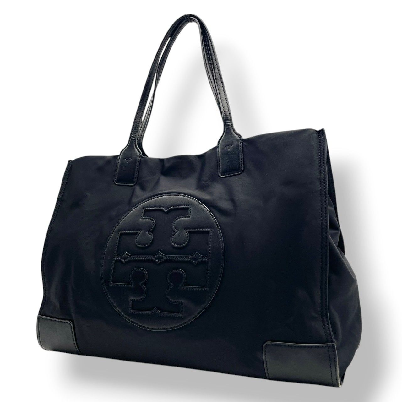 【美品】トリーバーチ TORY BURCH エラ Ella トートバッグ ハンドバッグ ショルダーバッグ 肩掛け ナイロン レザー 本革 ブラック 黒 デカロゴ トライアングル コーナー パッチ A4収納 大容量 通学 通勤 S35