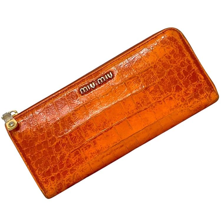ミュウミュウ Ｌ字 ファスナー 長財布 財布 MIUMIU レザー 型押し オレンジ 中古 レディース 10,488円