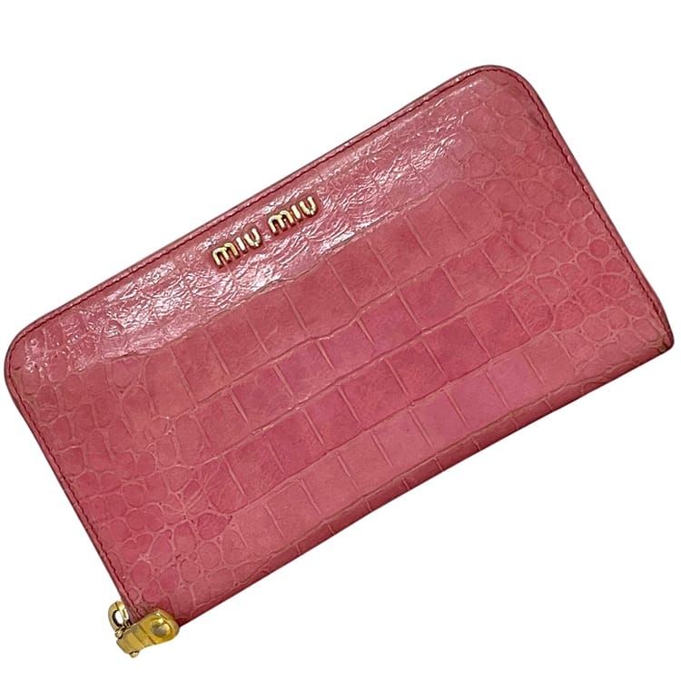 ミュウミュウ ラウンドファスナー 長財布 財布 197A MIUMIU レザー 型押し ピンク 中古 レディース ヴィンテージ