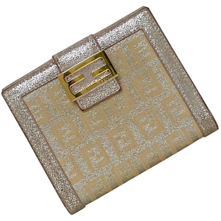 フェンディ 二つ折り 財布 ズッキーノ FF 7289 8M0188 00RQ6 059 FENDI キャンバス レザー ベージュ ラメ メタリックピンク 中古 レディース