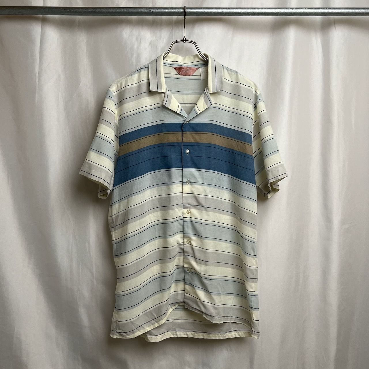 70~80s　フェード　ボーダー　開襟　レーヨン　半袖シャツ　L　古着