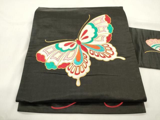 平和屋着物●アンティーク　大正ロマン　九寸名古屋帯　総刺繍　駒刺繍　舞蝶文　黒地　正絹　逸品　CABL4403dy 23,725円