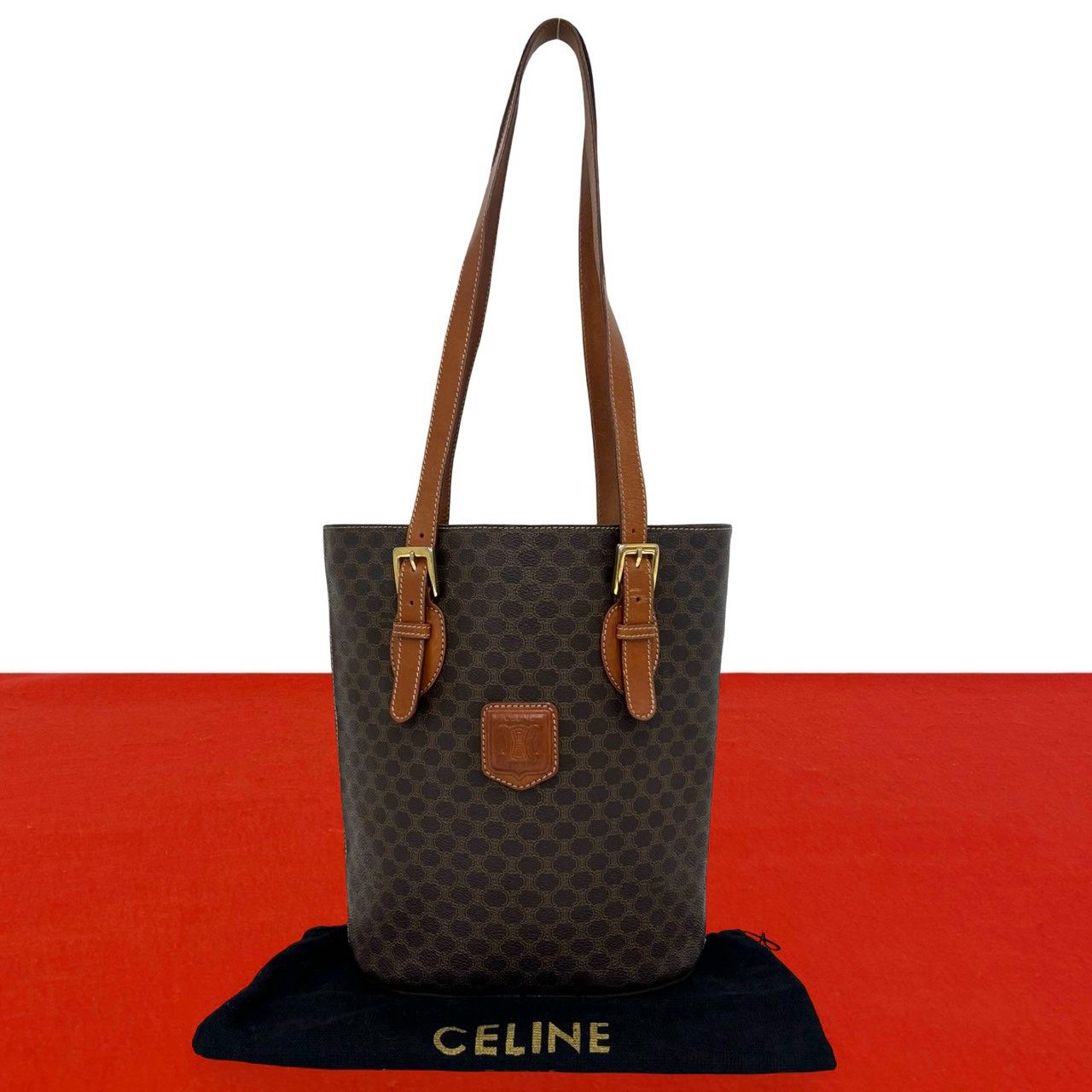 極 美品 CELINE セリーヌ ヴィンテージ マカダム ブラゾン 柄 トリオンフ ロゴ レザー トートバッグ セミ ショルダーバッグ ブラウン 124-9
