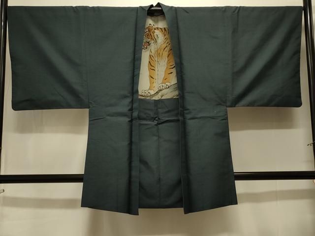 平和屋着物＃男性　羽織　紬地　絣文様　羽裏：虎　正絹　逸品　CABK3572in