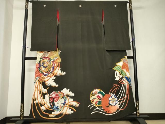 平和屋本店●アンティーク　大正ロマン　黒留袖　駒刺繍　花丸文　金彩　正絹　逸品　AABL1384ckその他