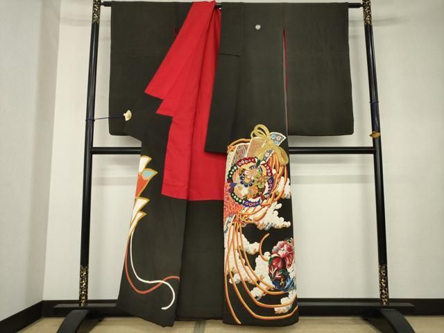 平和屋本店●アンティーク　大正ロマン　黒留袖　駒刺繍　花丸文　金彩　正絹　逸品　AABL1384ck