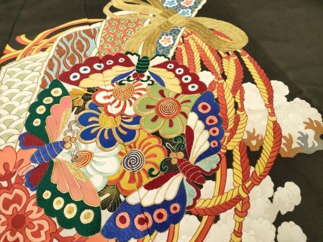 平和屋本店●アンティーク　大正ロマン　黒留袖　駒刺繍　花丸文　金彩　正絹　逸品　AABL1384ck
