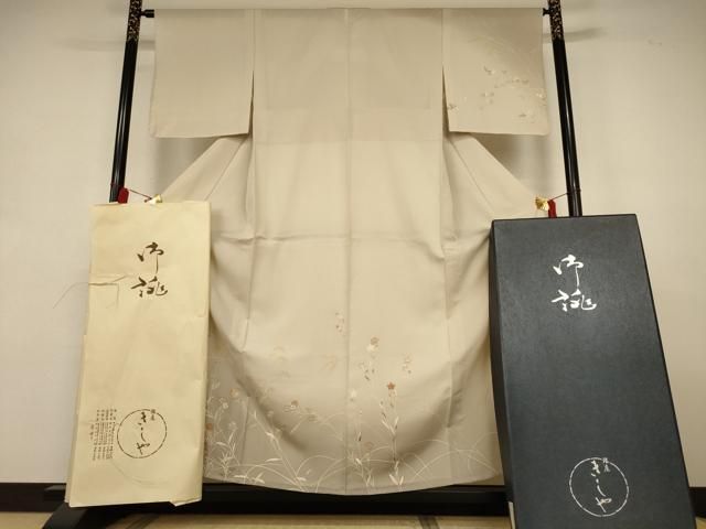 平和屋本店＊夏物　銀座きしや　訪問着　絽　駒刺繍　草花文　暈し染め　金彩　たとう紙・共箱付き　正絹　逸品　AABL0871jd