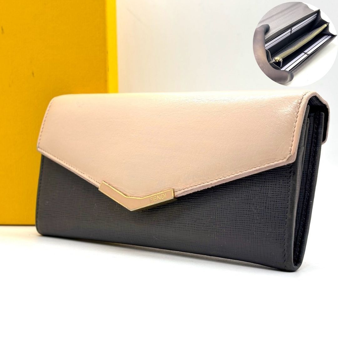 【控えめな色が紡ぐ日常の格】　FENDI　長財布 サフィアーノレザー トゥージュール ゴールド金具 バイカラー 8カード　ピンク
