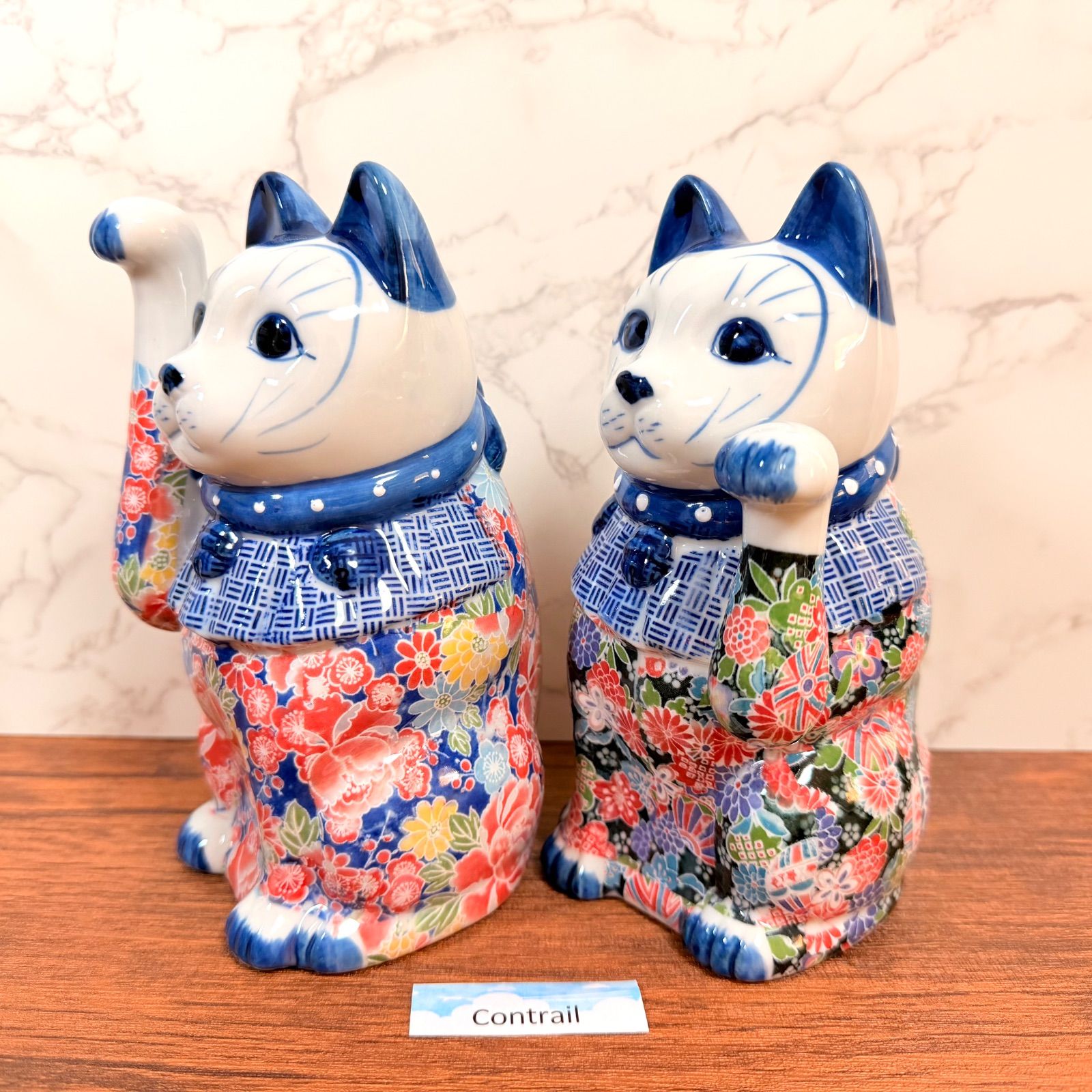瀬戸焼】招き猫 友禅 磁器 左右 セット 17cm 縁起物 置物 金運招福