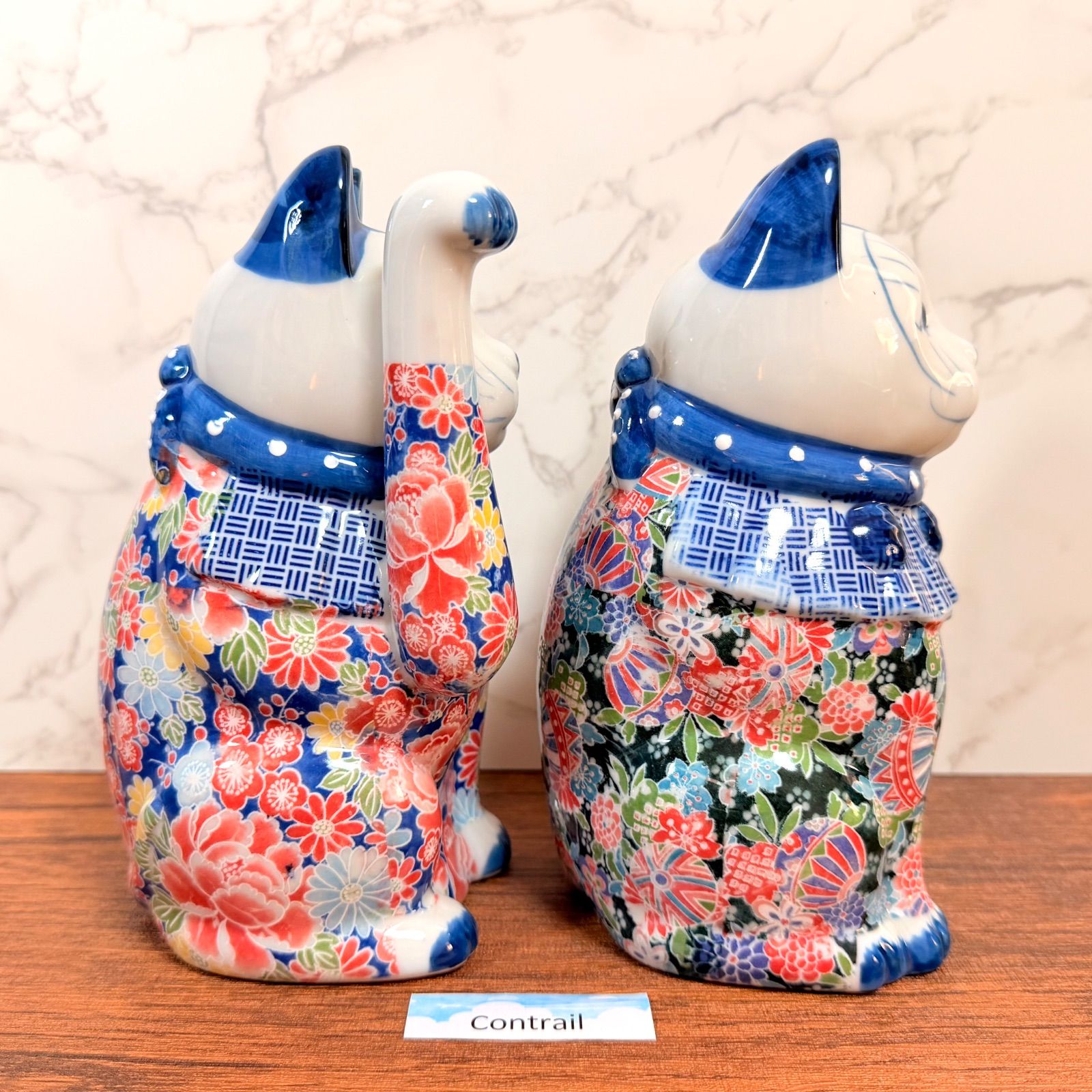 瀬戸焼】招き猫 友禅 磁器 左右 セット 17cm 縁起物 置物 金運招福