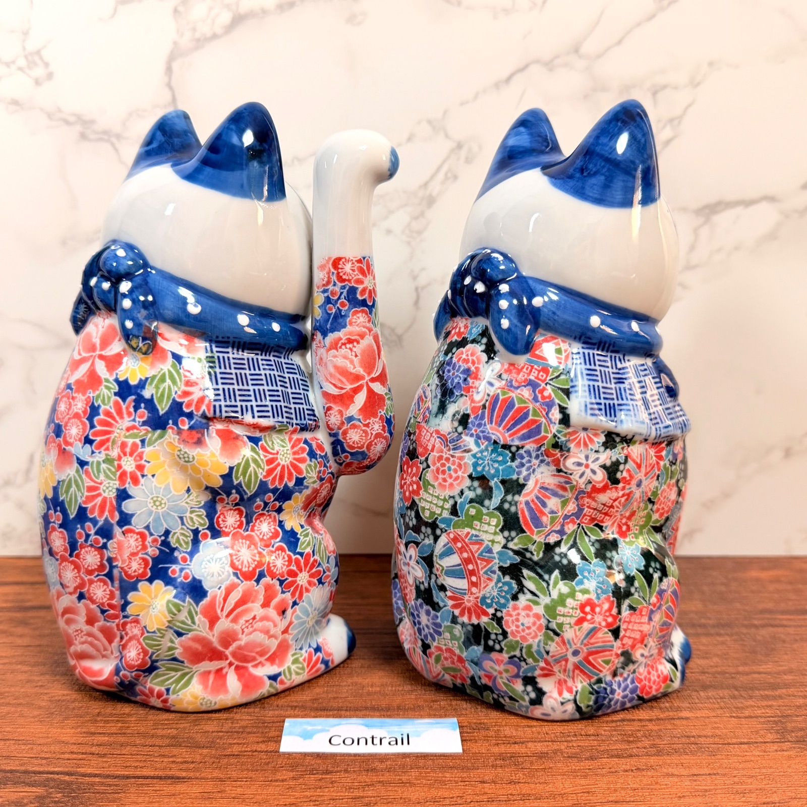 瀬戸焼】招き猫 友禅 磁器 左右 セット 17cm 縁起物 置物 金運招福